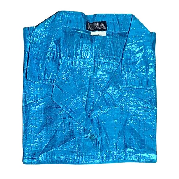 Vintage Blue Top Womens Size 3 Metallic Button Up Short Sleeve Shirt by Nina NOS - Picture 4 of 14